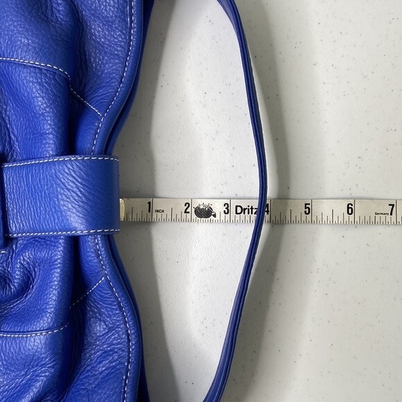 Liz Claiborne Blue Pebbled Leather Mini Hobo Bag Contrast Stitch Fold Over Flap - Picture 7 of 16